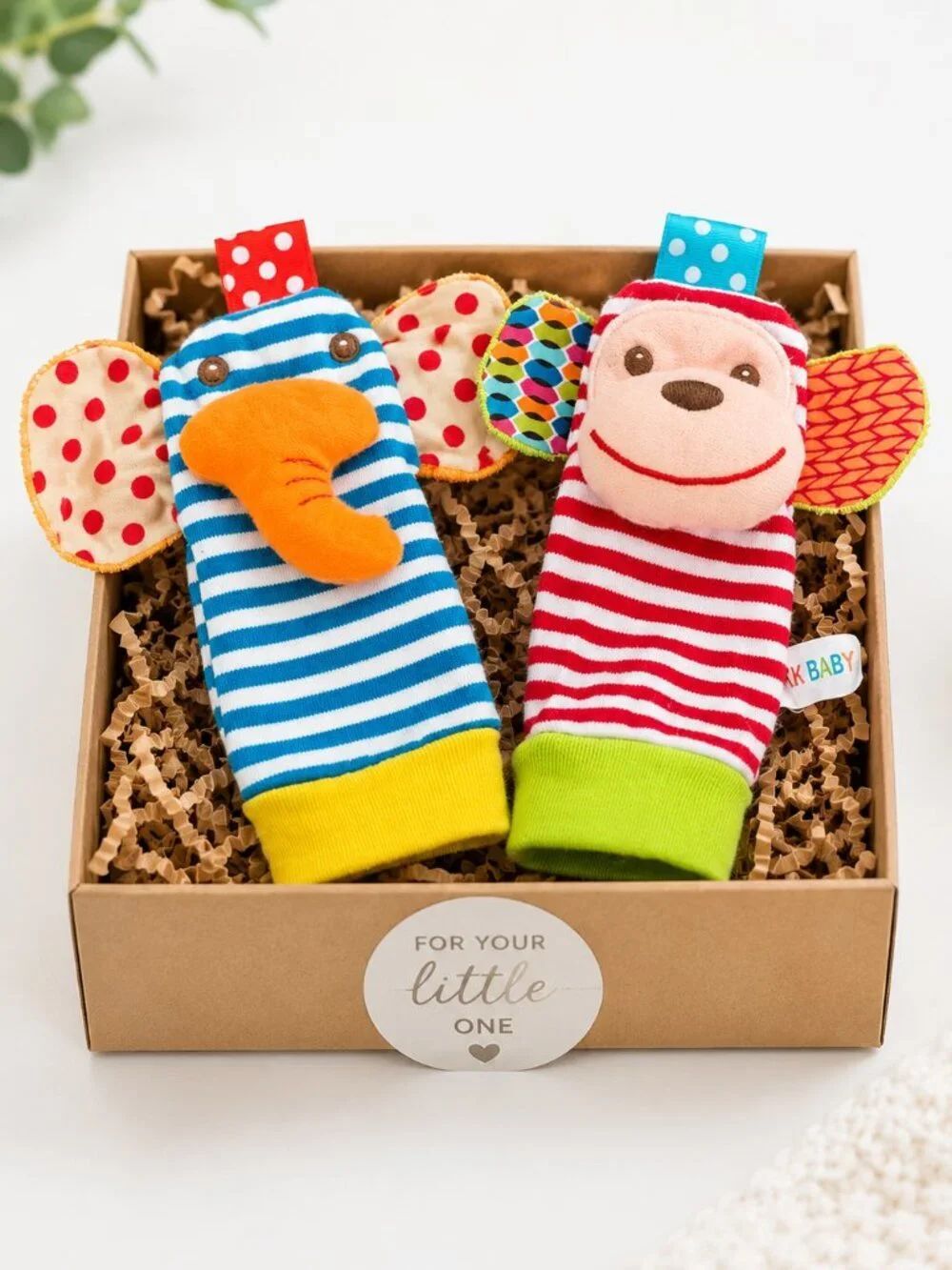 Baby Sensory Wrist Rattle & Foot Finder Sock Set | Elephant Monkey 6-12M Gift